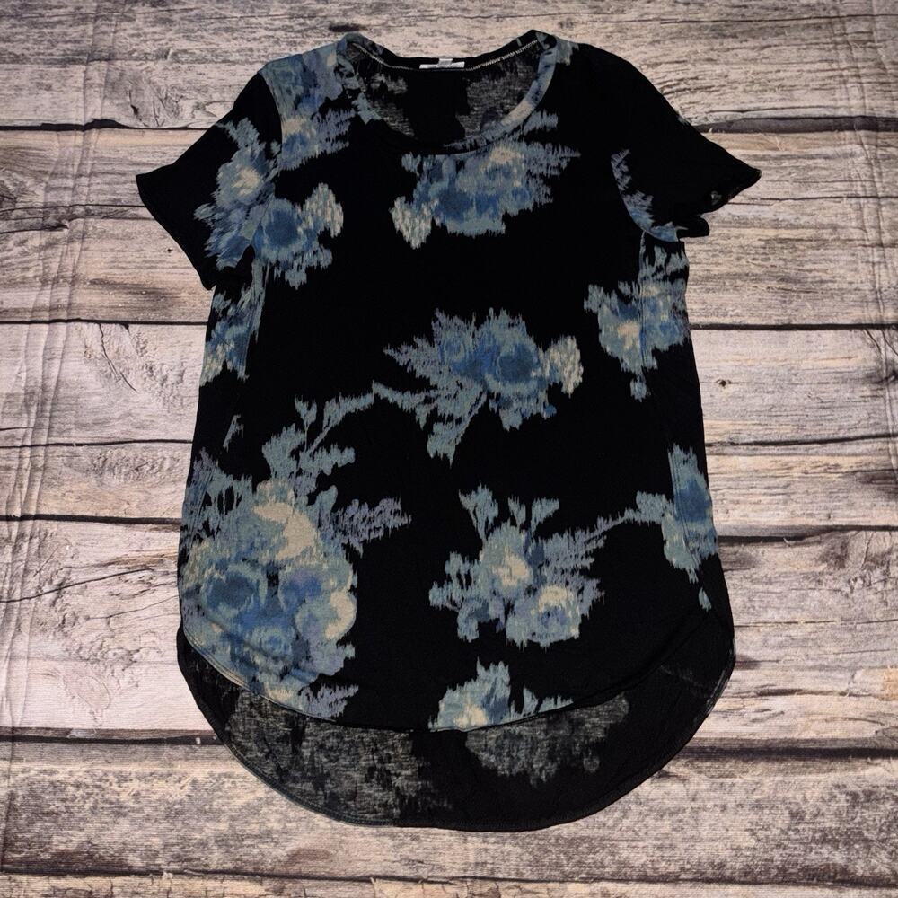 Wilfred Floral Print Black Blue Tunic Soft Rayon Stretch Top Womens Size Small